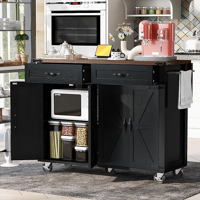 53.5'' Farmhouse Kitchen Island Cart with Power Outlet, Kitchen Island with Storage,Drop Leaf and Spice Rack, Rolling Kitchen Cart on Wheels for Home, Kitchen and Dining Room - LeafyLoom