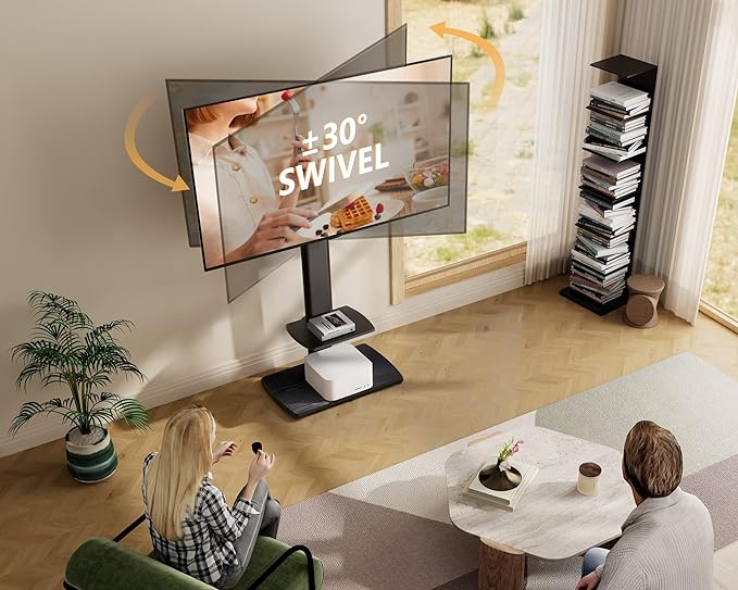FITUEYES Floor TV Stand Tall Corner TV Stands for TVs 32 37 43 50 55 60 65 70 Inch Swivel TV Mount Stand with Height Adjustable Shelf Upgrade Sturdy Wood Base for Bedroom, Living Room - LeafyLoom