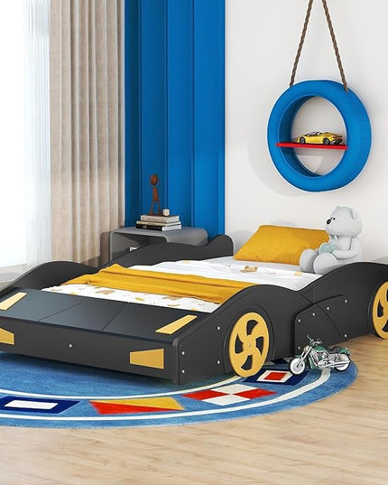 Full Size Bed Frame for Kids, Race Car-Shaped Wooden Platform Bed with Guardrail and Storage Space, Wheels and Support Slats, for Boys Girls Child's Bedroom, No Spring Need (Black) - LeafyLoom