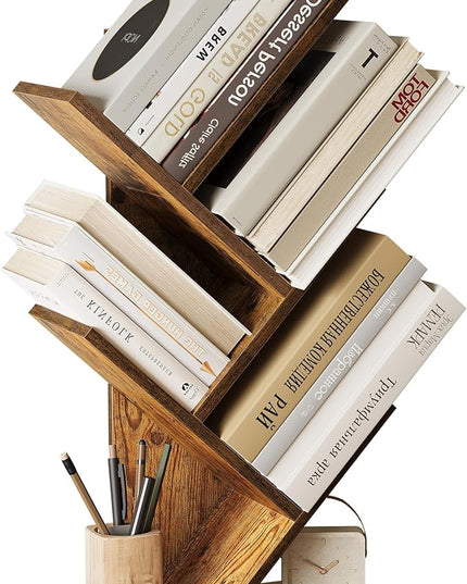SUNMORY 4 Tier Tree Bookshelf, Small Bookcase, Modern Narrow Bookshelves Organizer, Floor Standing Book Shelf for Bedroom/Living Room/Home Office/Corner, Brown - LeafyLoom