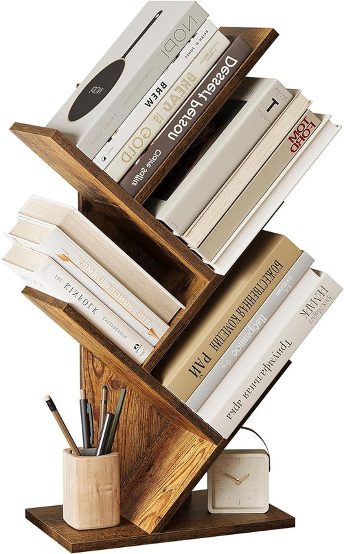 SUNMORY 4 Tier Tree Bookshelf, Small Bookcase, Modern Narrow Bookshelves Organizer, Floor Standing Book Shelf for Bedroom/Living Room/Home Office/Corner, Brown - LeafyLoom