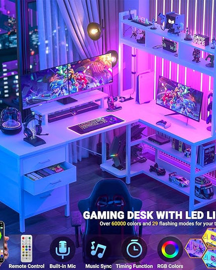 Aheaplus L Shaped Gaming Desk with Hutch, Gaming Desk with Led Lights, Reversible Computer Desk with Power Outlet, Corner Desk with File Drawer & Monitor Stand, Storage Shelves for Home Office, White - LeafyLoom