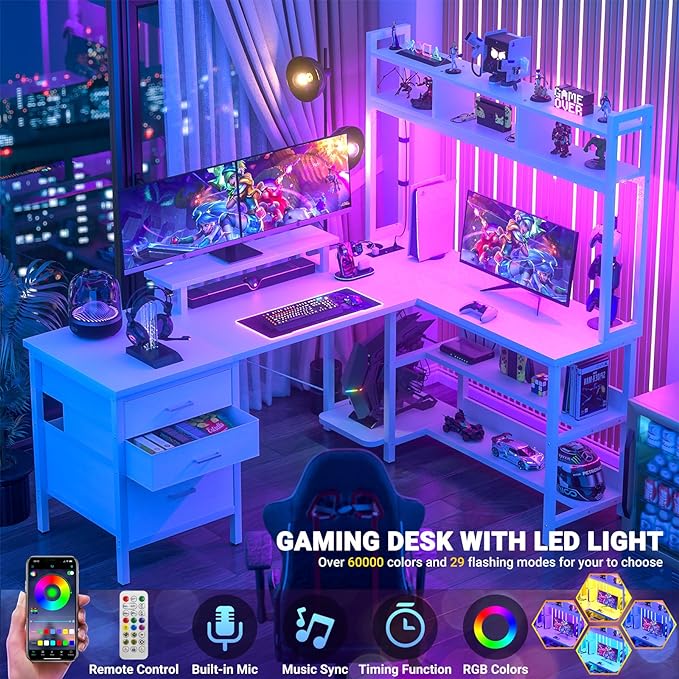 Aheaplus L Shaped Gaming Desk with Hutch, Gaming Desk with Led Lights, Reversible Computer Desk with Power Outlet, Corner Desk with File Drawer & Monitor Stand, Storage Shelves for Home Office, White - LeafyLoom