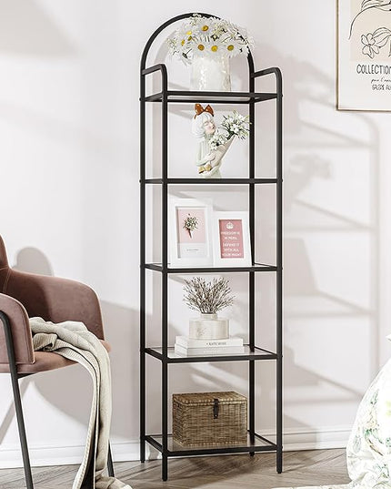 Bookcase Bookshelf, Tempered Glass Bookshelves, Slim Shelving Unit for Bedroom, Bathroom, Home Office, Steel Frame, 5 Tier Black BC05001B - LeafyLoom