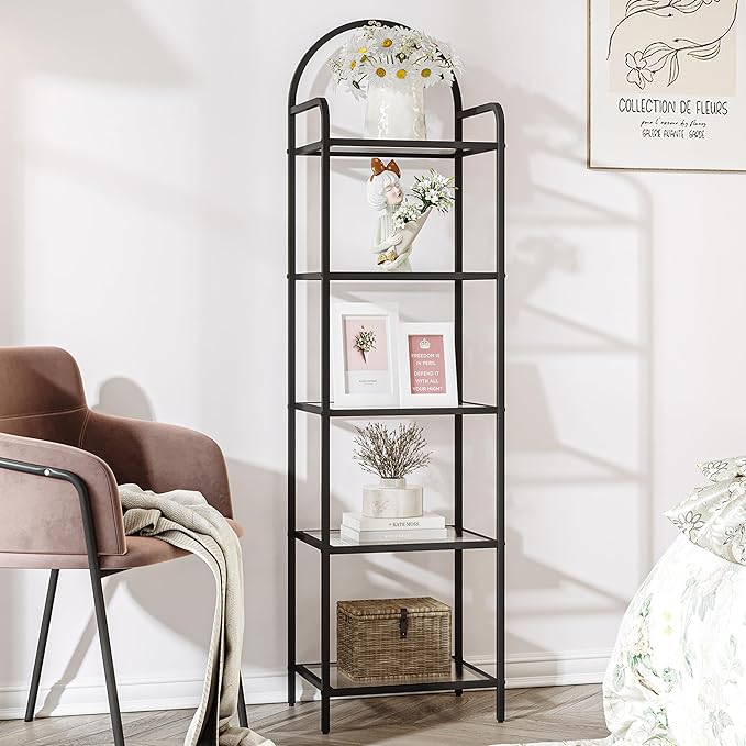 Bookcase Bookshelf, Tempered Glass Bookshelves, Slim Shelving Unit for Bedroom, Bathroom, Home Office, Steel Frame, 5 Tier Black BC05001B - LeafyLoom