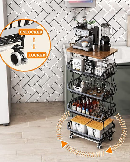 Wisdom Star 5 Tier Fruit Vegetable Basket for Kitchen with Wooden Tabletop, Storage Cart Vegetable Basket Bins for Onions and Potatoes, Wire Storage Basket Organizer Utility Cart with Wheels, Black - LeafyLoom