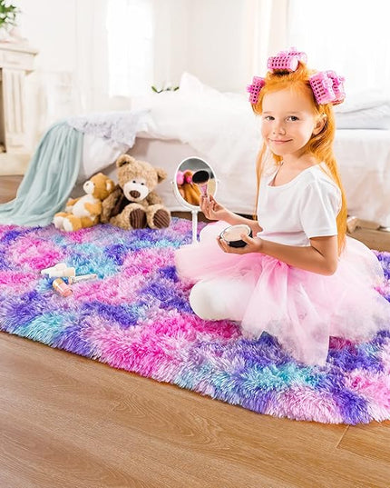 Noahas Oval Fluffy Hot Pink Rainbow Rug 2.6X5.3 Small Kids Rugs for Bedroom Girls Aesthetic,Bedside Bedroom Rug,Ultra Soft Runner Carpet Modern Shaggy Nursery Area Rugs Home Decor - LeafyLoom