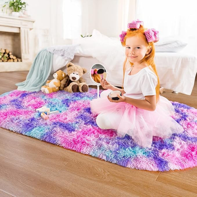 Noahas Oval Fluffy Hot Pink Rainbow Rug 2.6X5.3 Small Kids Rugs for Bedroom Girls Aesthetic,Bedside Bedroom Rug,Ultra Soft Runner Carpet Modern Shaggy Nursery Area Rugs Home Decor - LeafyLoom