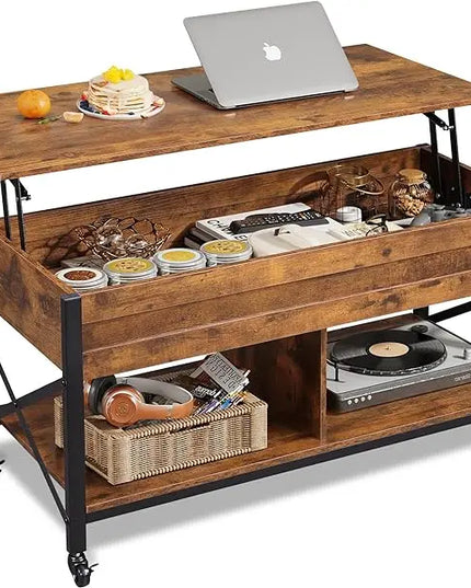 WLIVE Coffee Table, Lift Top Coffee Table with Hidden Compartment, 4 in 1 Multi-Function Coffee Tables with 4 Wheels for Living Room, Mid-Century Lift Tabletop Dining Table, Rustic Brown - LeafyLoom