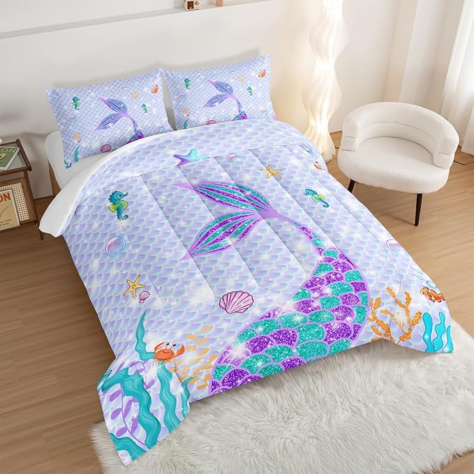HOSIMA Mermaid Tail Comforter Set 3Pcs with 2 Pillowcases,Purple Fish Scales Bedding Set Cartoon Ocean Life Sea Animal Twin Comforter Set for Girls Kids Women,Mermaid Room Decor - LeafyLoom