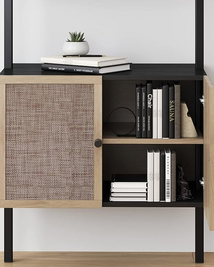 Nathan James Theo Modern Bookcase with Rattan Cabinet in Matte Black and Light Oak Finish with Matte Black Metal Frame for Living Room, Home Office Storage - LeafyLoom