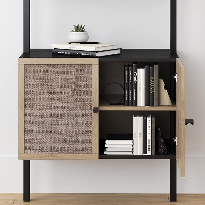 Nathan James Theo Modern Bookcase with Rattan Cabinet in Matte Black and Light Oak Finish with Matte Black Metal Frame for Living Room, Home Office Storage - LeafyLoom