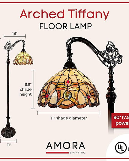 Amora Tiffany Style Floor Lamp Arched 62" Tall Stained Glass Tan Yellow Brown Antique Vintage Light Decor Bedroom Living Room Reading Gift AM272FL11B Lighting - LeafyLoom