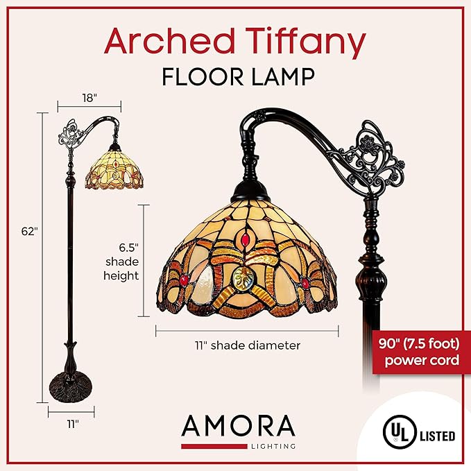 Amora Tiffany Style Floor Lamp Arched 62" Tall Stained Glass Tan Yellow Brown Antique Vintage Light Decor Bedroom Living Room Reading Gift AM272FL11B Lighting - LeafyLoom