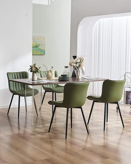 YOUNUOKE Olive Green Dining Chairs Set of 2 Upholstered Mid Century Modern Kitchen Chair Armless Faux Leather Side Chairs with Padded Back Metal Legs for Living Room Bedrooms - LeafyLoom