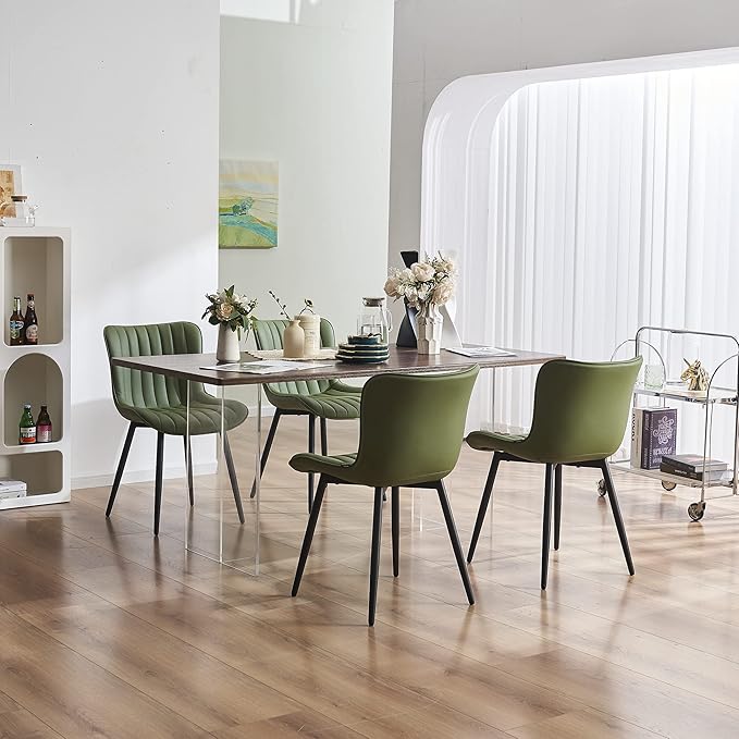 YOUNUOKE Olive Green Dining Chairs Set of 2 Upholstered Mid Century Modern Kitchen Chair Armless Faux Leather Side Chairs with Padded Back Metal Legs for Living Room Bedrooms - LeafyLoom