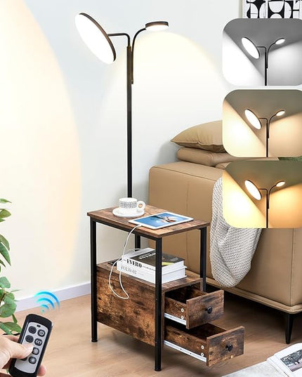 Dungoo 59" LED Floor Lamp with Table, End Table with Adjustable Reading Light, Side Table with USB & Type-C Ports and 2 Outlets, Narrow End Table with Lamp Attached for Living Room Bedroom - LeafyLoom
