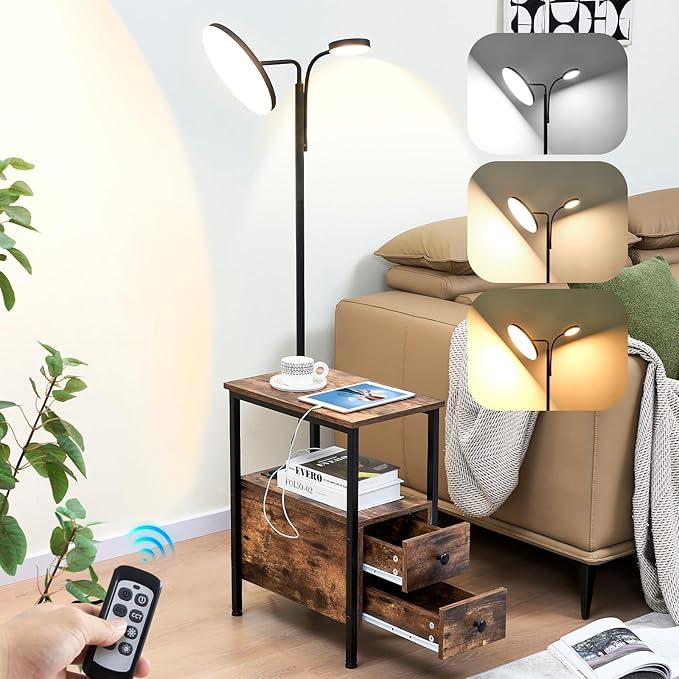 Dungoo 59" LED Floor Lamp with Table, End Table with Adjustable Reading Light, Side Table with USB & Type-C Ports and 2 Outlets, Narrow End Table with Lamp Attached for Living Room Bedroom - LeafyLoom