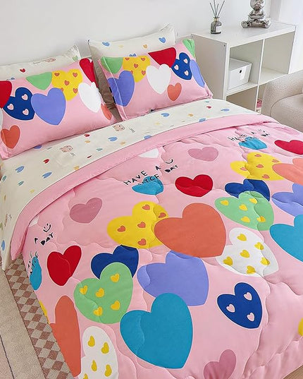 7 Piece Kids Pink Heart Bedding Sets Full Comforter Set with Sheets - Colourful Reversible Heart Shaped Cute Bedding for Girls Kids - Love Quilt Bed in a Bag All Season - LeafyLoom