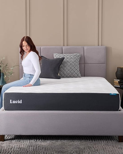 LUCID 10 Inch Memory Foam Mattress - Plush Feel - Infused with Bamboo Charcoal and Gel - Bed in a Box - Temperature Regulating - Pressure Relief - Breathable - Full Size - LeafyLoom