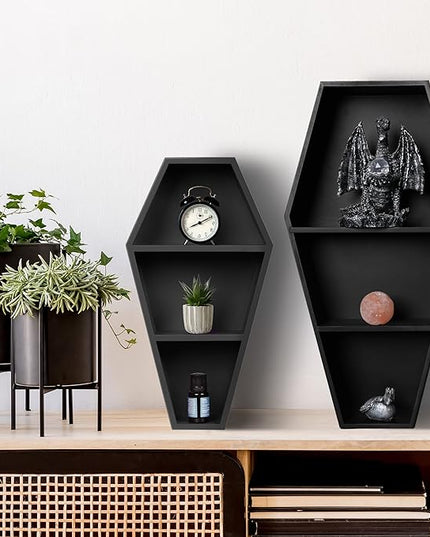 MANNY'S MYSTERIOUS ODDITIES Coffin Bookshelf - Includes Removable Shelves - Small and Large Coffin Shelf 20 Inch and 14 Inch - Gothic Decor for Home - LeafyLoom