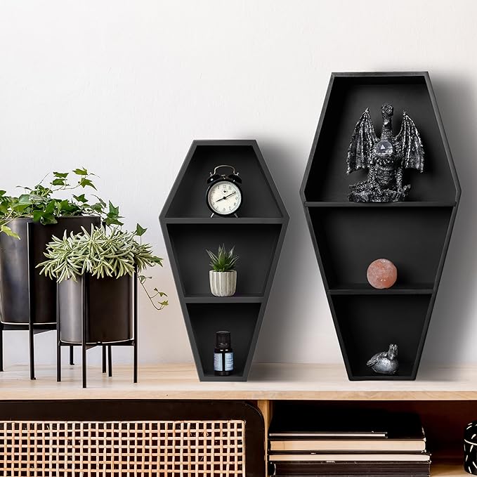 MANNY'S MYSTERIOUS ODDITIES Coffin Bookshelf - Includes Removable Shelves - Small and Large Coffin Shelf 20 Inch and 14 Inch - Gothic Decor for Home - LeafyLoom