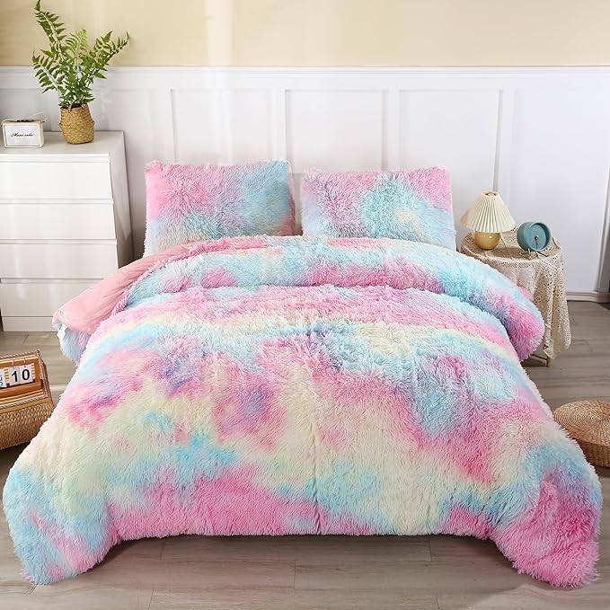 WINLIFE Faux Fur Comforter Set Twin Size for Girls Bedding Plush Shaggy Comforter Sets Gradient Ombre Tie Dye Bed Set Fuzzy Furry Long Hair Fluffy Comforter (3Pcs, Twin, Rainbow) - LeafyLoom