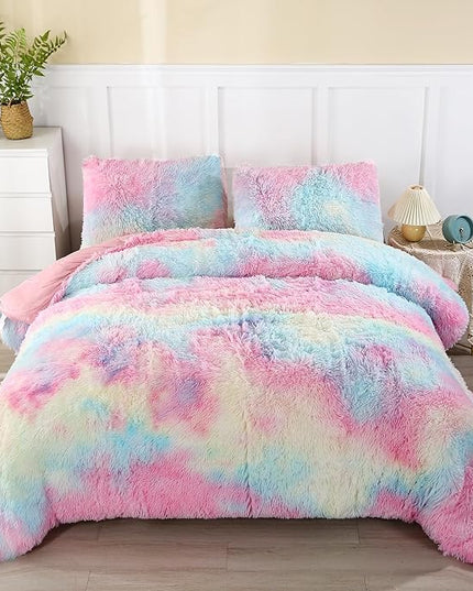 WINLIFE Shaggy Bedding Comforter Set Faux Fur Flannel Furry Comforter Microfiber Long Hair Fluffy Plush Comforter Sets Gradient Ombre Tie Dye MultiColor Bedding for Girls Adults (3Pcs, Full, Rainbow) - LeafyLoom