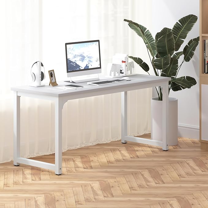 NSdirect Large Office Desk for Home Office, Large 63" Computer Desk Table, Wide Writing Study Desk for 2 Person, Metal Sturdy Frame Thicker Steel Legs, (White, 62.6" L x 22.8" W x 28.7" H) - LeafyLoom