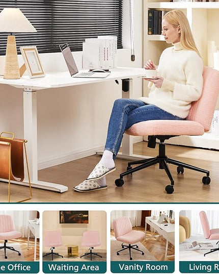 OLIXIS Cross Legged Armless Wide Adjustable Swivel Padded Home Office Desk Chair, Pink with Wheels - LeafyLoom