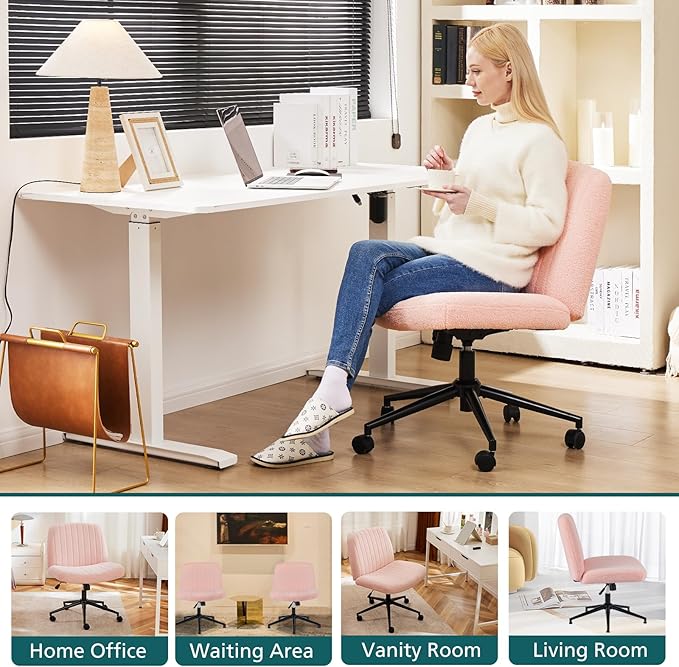 OLIXIS Cross Legged Armless Wide Adjustable Swivel Padded Home Office Desk Chair, Pink with Wheels - LeafyLoom