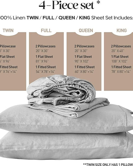 Simple&Opulence 100% Washed Linen Sheet Set-King Size-Natural France Flax Bed Sheet-4 Pcs Breathable,Ultra Soft,Farmhouse Bedding (1 Flat Sheet,1 Fitted Sheet,2 Pillowcases)-Embroidery Grey - LeafyLoom