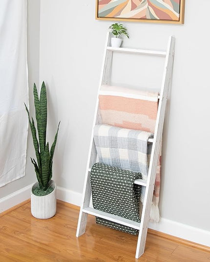 Ilyapa Blanket Ladder for Living Room, Towel Holder Stand - 54x18 Rustic Decorative Quilt Ladder, Blanket Ladders for Living Room Farmhouse, White Weathered Wood, Farmhouse Decor Living Room - LeafyLoom