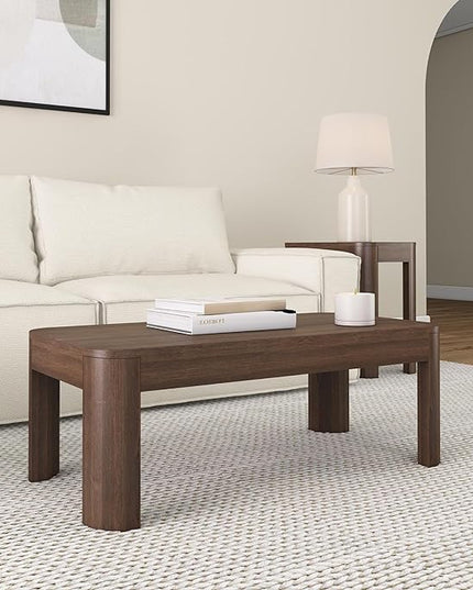 Plank+Beam Small Modern Rounded Coffee Table, 40 Inch, Solid Wood Contemporary Center Table for Living Room, Rectangle Tea Table, Walnut - LeafyLoom