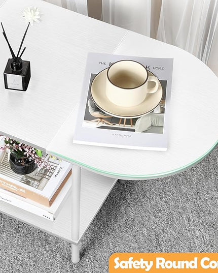 White Coffee Tables for Living Room,2-Tier Small Coffee Table Industrial Modern Oval Center Table with Storage Shelf and Wood Tabletop,for Small Space,Home Office - LeafyLoom
