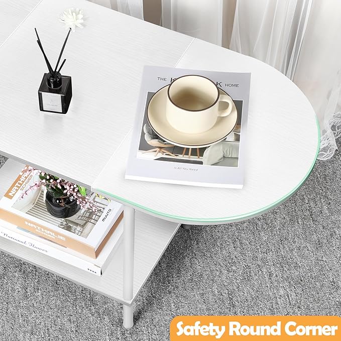 White Coffee Tables for Living Room,2-Tier Small Coffee Table Industrial Modern Oval Center Table with Storage Shelf and Wood Tabletop,for Small Space,Home Office - LeafyLoom