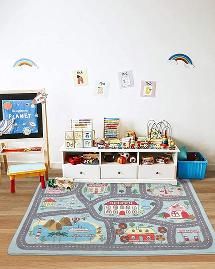 Non-slip Kids Playmat Rug for Playroom, 3'x 5' Blue Washable Children's Educational Rugs, Learning & Have Fun Safely City Life Road Traffic Play Mat Carpet for Baby Room Bedroom - LeafyLoom