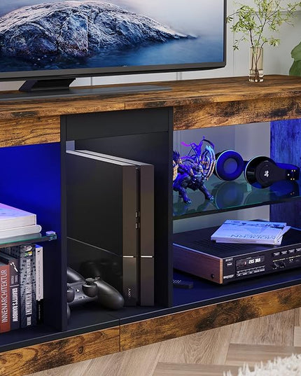 Bestier Entertainment Center Gaming TV Stand for 55 Inch+ TV LED Television Stand with 2 Adjustable Glass Shelves PS Game Console Cabinet for Living Room, Rustic Brown - LeafyLoom