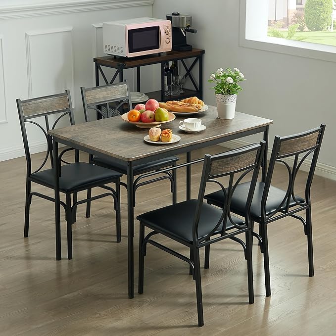 VECELO Kitchen Dining Room Table 4 Chairs for Small Space, Apartment,Metal Steel Frame, 5-Piece Set, Dark Brown - LeafyLoom