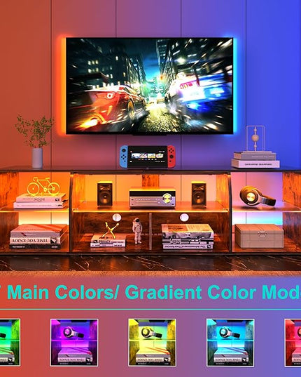 VECELO LED Gaming TV Stand with Power Outlets Television Cabinet with 7 Open Storage Shelves, Industrial Entertainment Center for Living Room and Bedroom, Retro Brown, 55inch - LeafyLoom