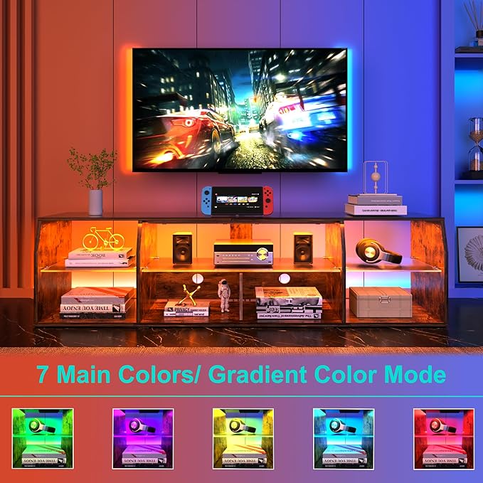 VECELO LED Gaming TV Stand with Power Outlets Television Cabinet with 7 Open Storage Shelves, Industrial Entertainment Center for Living Room and Bedroom, Retro Brown, 55inch - LeafyLoom