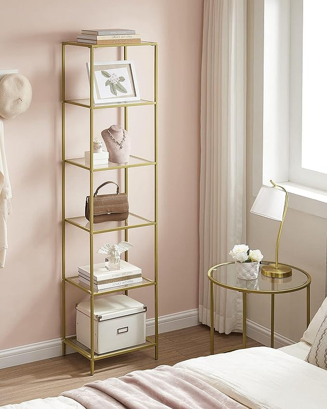 VASAGLE Bookcase, 6-Tier Bookshelf, Slim Shelving Unit for Bedroom, Bathroom, Home Office, Tempered Glass, Steel Frame, Metallic Gold ULGT500A01 - LeafyLoom