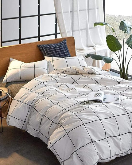 White Grid Comforter Set Big Grid Bedding Set Full White Black Plaid Printed Stripes Women Checkered Comforters Bedding Set Girls White Grid Bed Blanket Set White Plaid Full Comforter - LeafyLoom