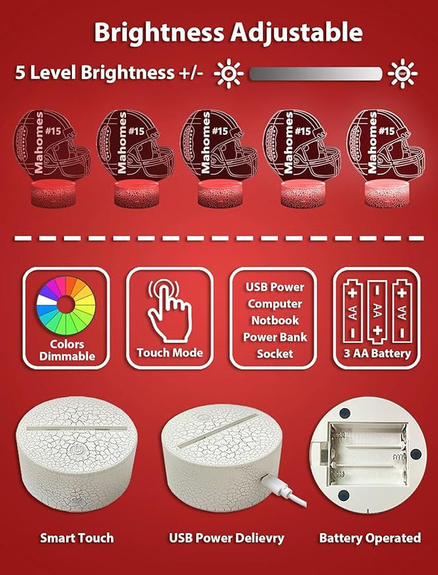 Kids Night Light Football 3D Optical Illusion Lamp with Remote Control 16 Colors Changing Mahomes Helmet Decor Birthday Xmas Valentine's Day Gift Idea for Kansas City Fan Boys Girls - LeafyLoom