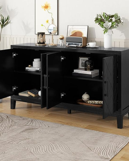60" 4 Door Retro Sideboard with Adjustable Shelves,Wood Diamond-Shaped Lattice Pattern Storage Buffet Cabinet,w/ 4 Long Handle,for Living Dining Room,Black - LeafyLoom