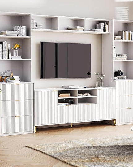 113Inch Entertainment Wall Unit with Bridge, TV Stand Media Console Table with 13 Shelves,8 Drawers and 2 Cabinets for Living Room, White - LeafyLoom