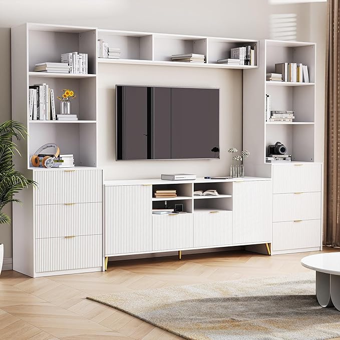 113Inch Entertainment Wall Unit with Bridge, TV Stand Media Console Table with 13 Shelves,8 Drawers and 2 Cabinets for Living Room, White - LeafyLoom