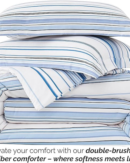 Southshore Fine Living, Inc. 3-Piece Full/Queen Comforter Set, Down Alternative All-Season Striped Comforter with 2 Shams, Soft Microfiber Bedspread, Full or Queen Bed, Coastal Stripes Blue - LeafyLoom