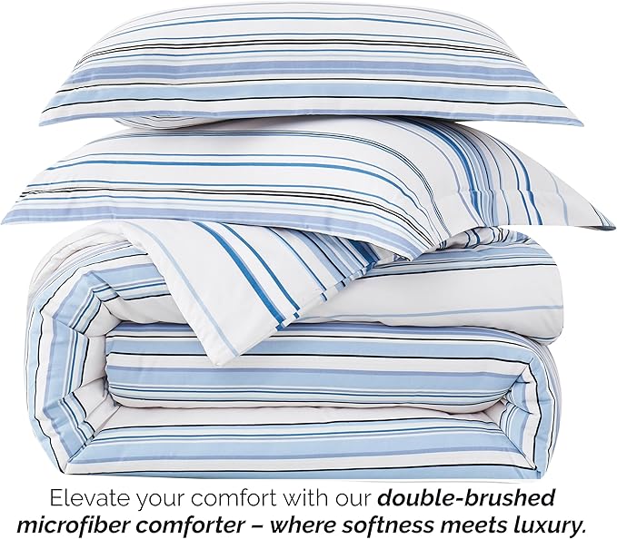Southshore Fine Living, Inc. 3-Piece Full/Queen Comforter Set, Down Alternative All-Season Striped Comforter with 2 Shams, Soft Microfiber Bedspread, Full or Queen Bed, Coastal Stripes Blue - LeafyLoom