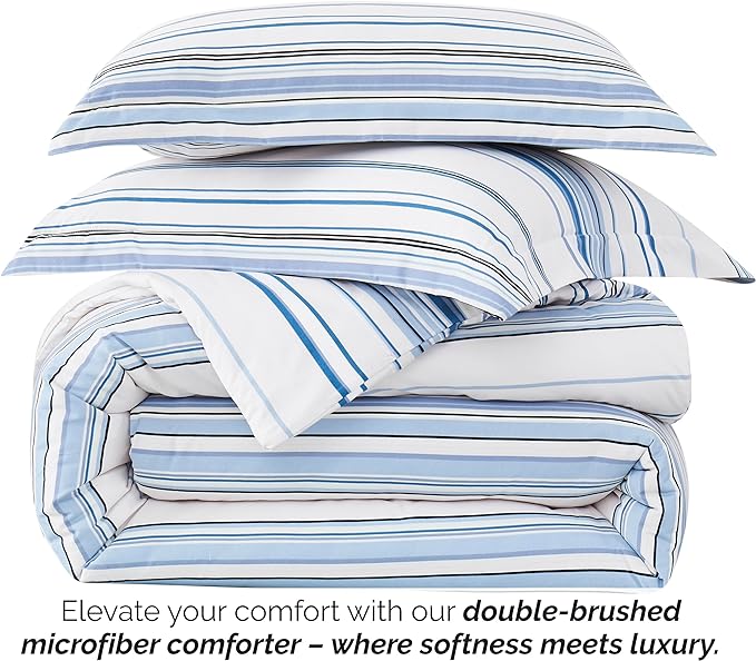 Southshore Fine Living, Inc. Twin Comforter Set, Down Alternative All-Season Striped Comforter with Matching Pillow Sham, Soft Coastal Bedspread for Twin or Twin XL Bed, Coastal Stripes Blue - LeafyLoom